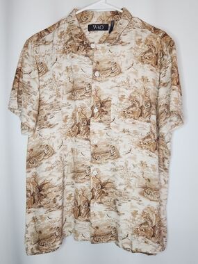 WAO Men's Beige and Brown Short-Sleeve Button-Down Shirt